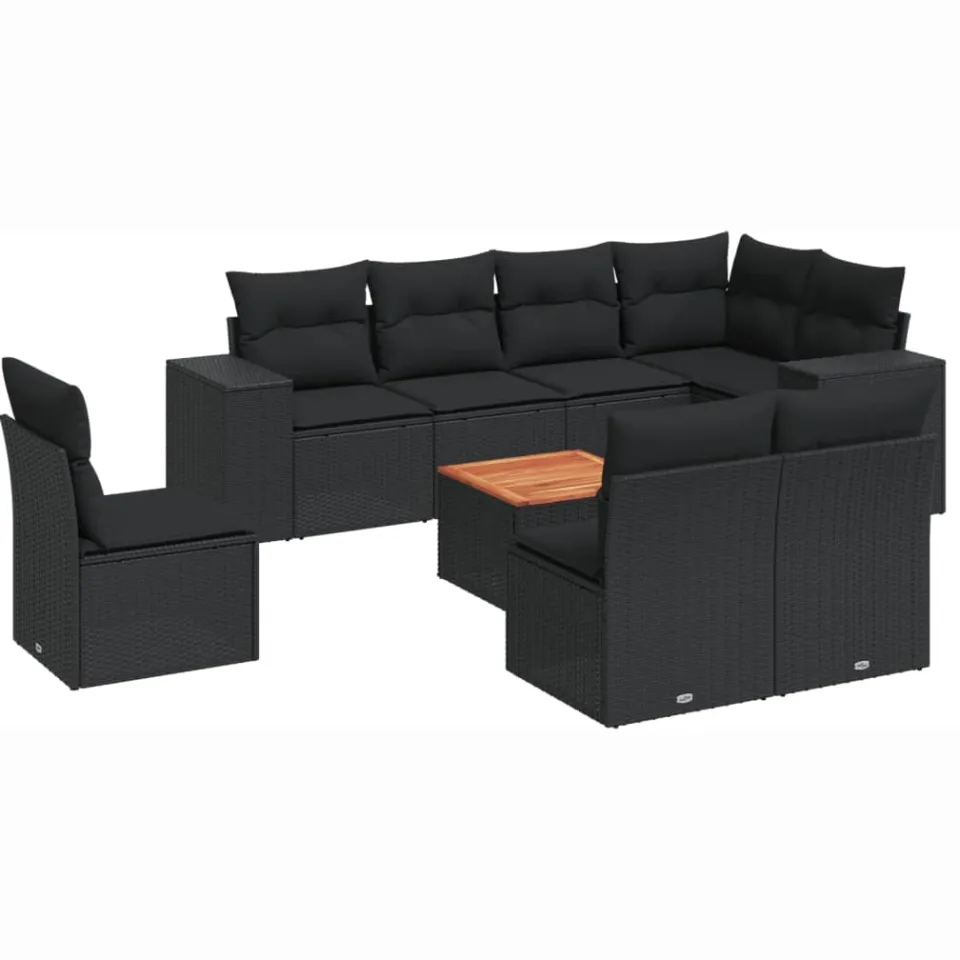 vidaXL 9-delige Loungeset met kussens poly rattan zwart