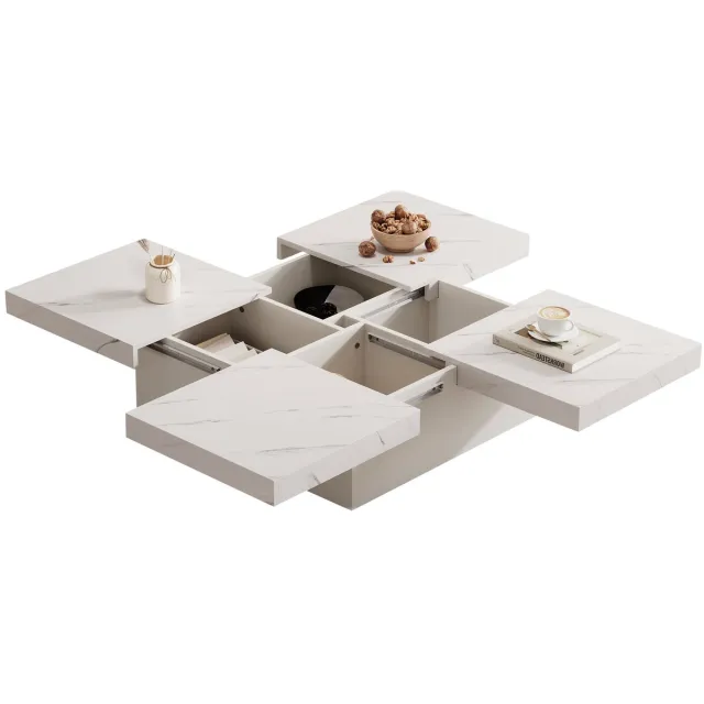 Merax Vierkante Salontafel – Wit met Marmerlook – 90 x 90 x 25 cm – Met 4 Lades en Schuifbare Tafelblad – Moderne Lage Tafel