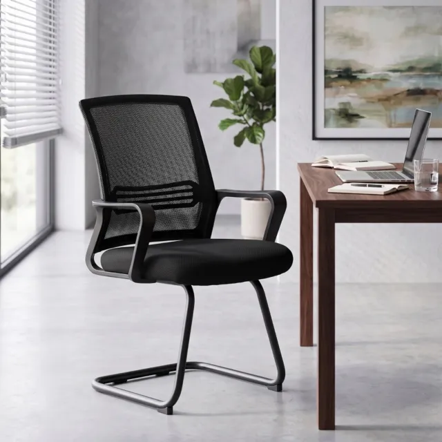 OKWISH Vergaderstoel 58,5 x 57,5 x 93 cm - Set van 2 met Armleuningen - Voor Wachtkamer en Ontvangst - Netstof en Metaal - Zwart