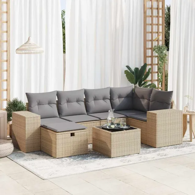 vidaXL 7-delige Loungeset met kussens poly rattan beige, foto 2