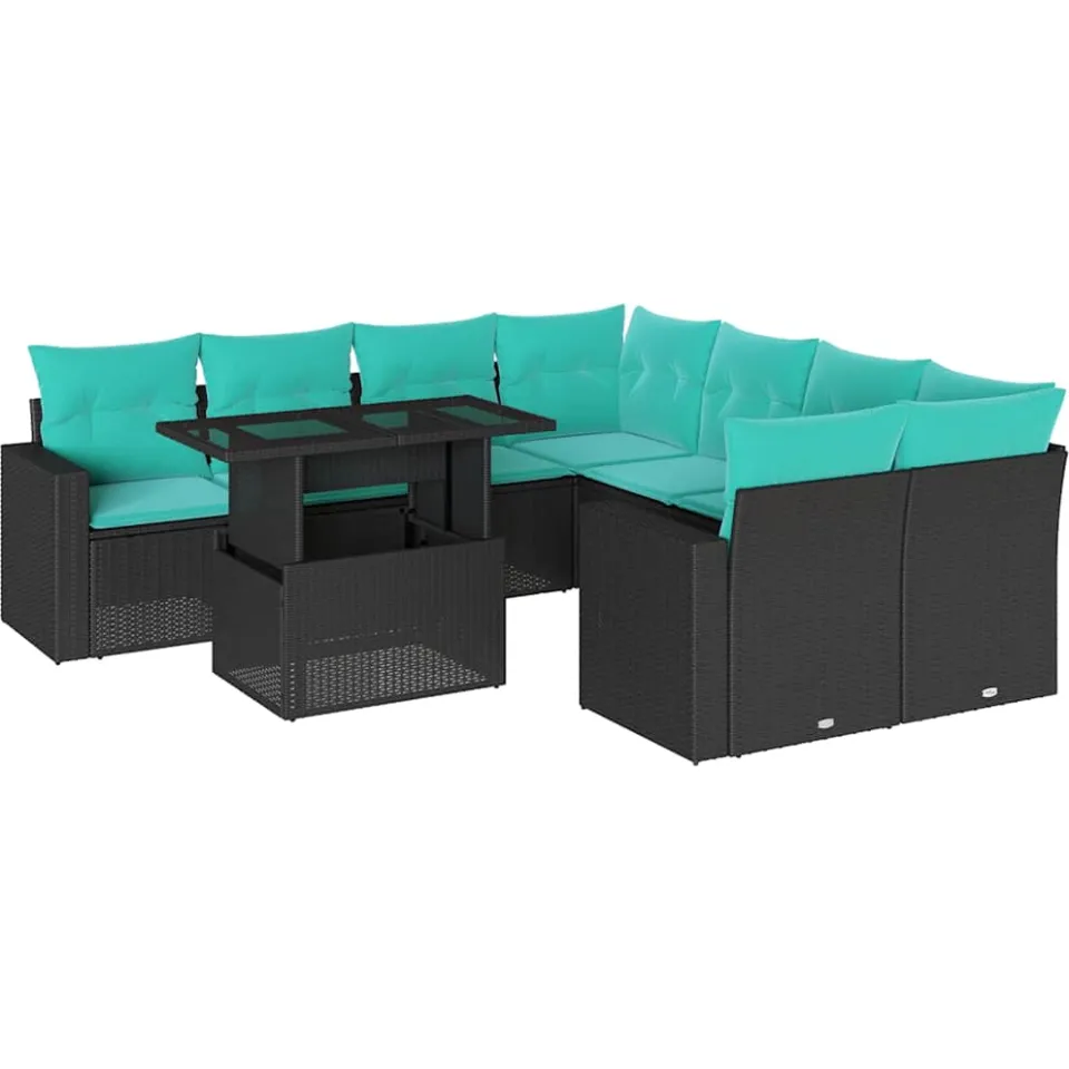 vidaXL 9-delige tuinbankset met kussens van zwart polyrotan, foto 3