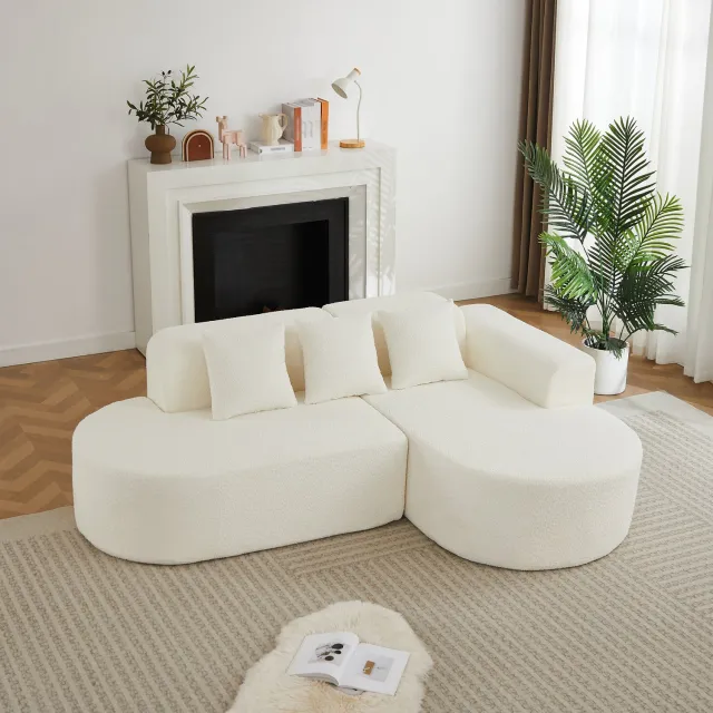 STILVORA Hoekbank 3-Zits - L-Vormig Met Rechter Chaise Longue En 3 Rugkussens - Voor Woonkamer - Rond Chenille Beige