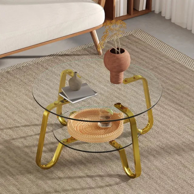 DESMIU Salontafel - Ronde Dubbele Glazen Tafel Met Opbergruimte - Voor Woonkamer - Metaal En Glas - 80x80x45 Cm - Goud