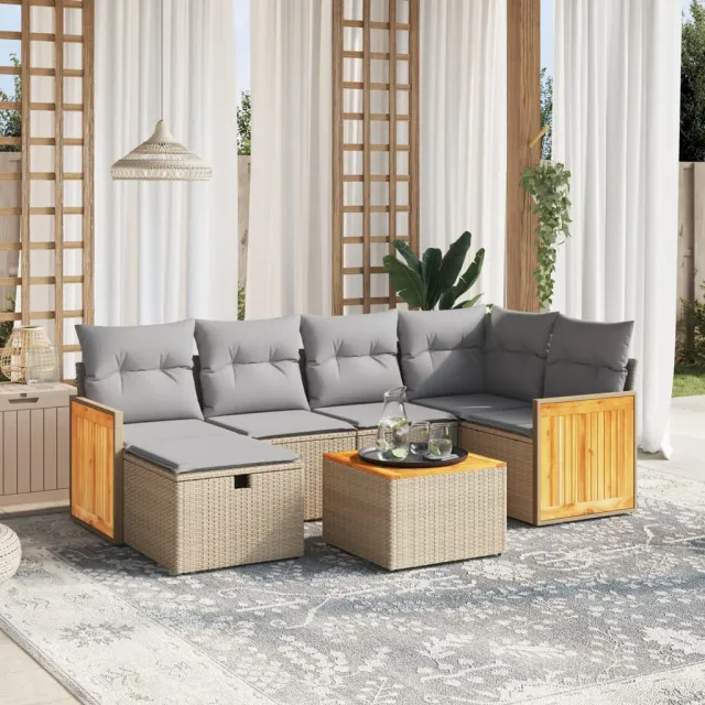 vidaXL 7-delige Loungeset met kussens poly rattan gemengd beige, foto 2
