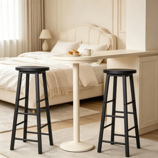 REDOM Barkruk set van 2 - MDF zitting - Metalen frame met voetsteun - Vaste zithoogte 71 cm - Industrieel - Zwart - 30 x 30 x 71 cm