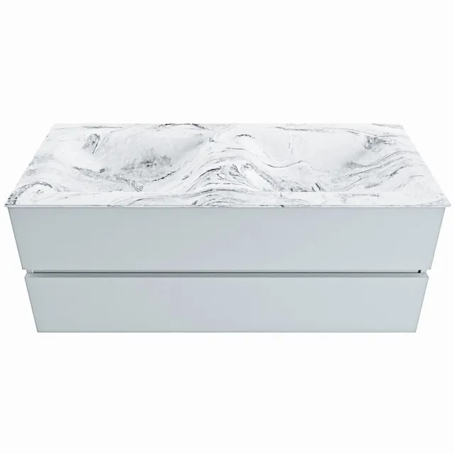 Mondiaz VICA-DLUX 120cm badmeubel onderkast Clay 2 lades. Inbouw wastafel CLOUD dubbel 2 kraangaten, kleur Glace.