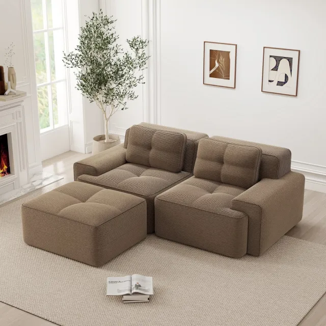 HAUSS SPOLE Hoekbank 74 Cm Zitdiepte - Modulbank Met Ottoman - Diepe Zit Met Wolkencomfort - Voor Woonkamer - Corduroy Bruin