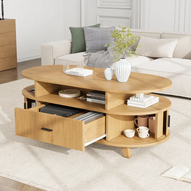 OKWISH Salontafel - Ovaal met Lade en Roldeuren - Opbergruimte voor Woonkamer - MDF en Spaanplaat Naturel - 100 x 50 x 40 cm Naturel houtkleur