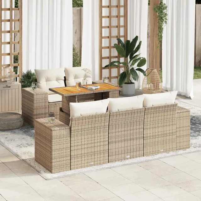 vidaXL 6-delige Loungeset met kussens poly rattan beige, foto 2