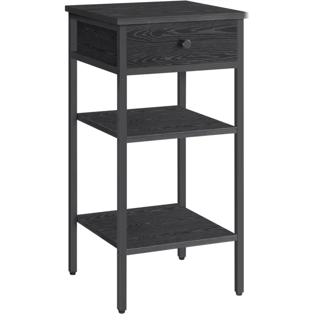 FurnStar Nachtkastje -Bijzettafel hoog met een lade en 2 open vakken - 1 Verstelbare plank - Ruimtebesparend - Verstelbare poten - Industrieel design - Ebbenhoutzwart inktzwart
