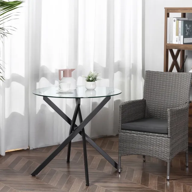 FloraGrace Salontafel Ronde Glazen Tafel Met Gehard Veiligheidsglas Zwarte Metalen Kruispoten Voor Woonkamer Balkon Werkplek 80 x 80 x 75 cm