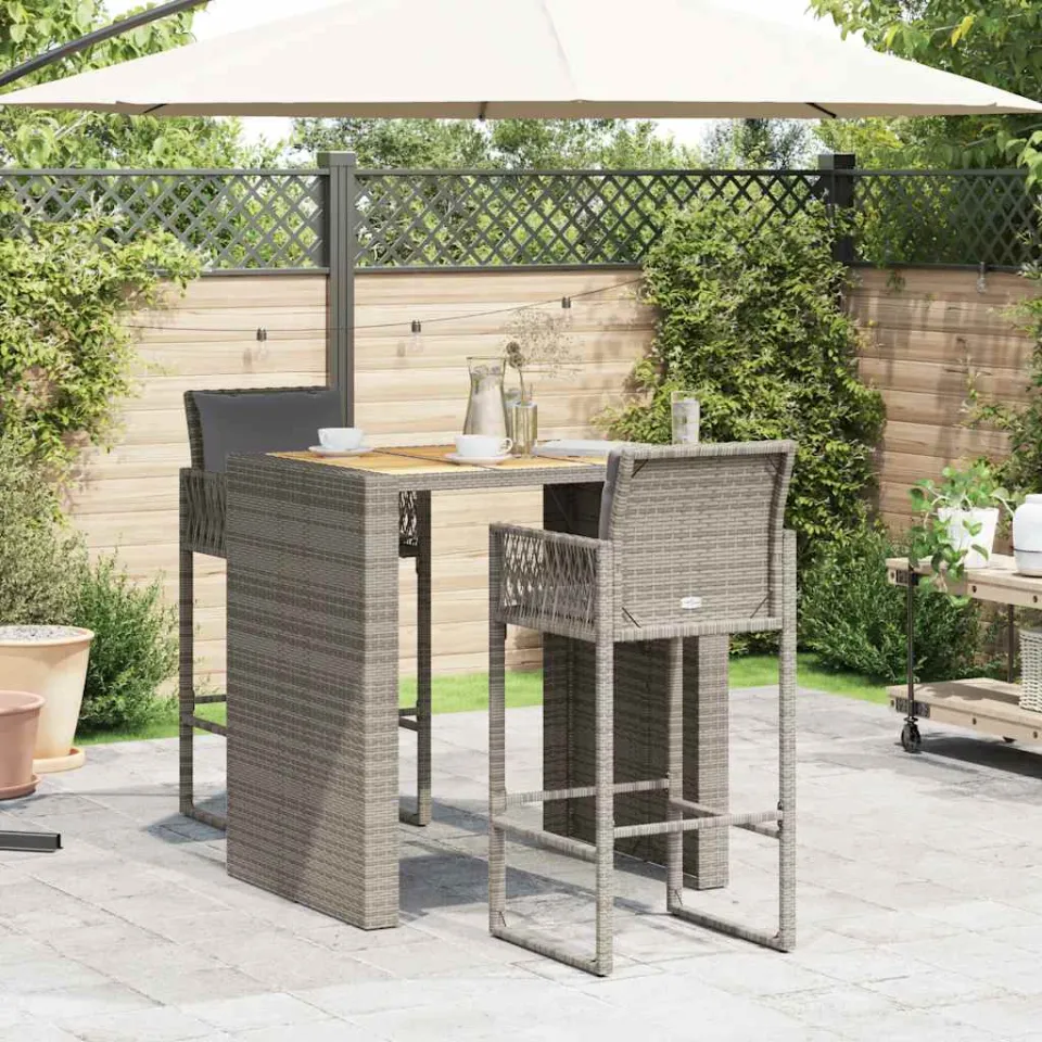 vidaXL 3-delige Tuinbarset met kussens poly rattan acacia grijs, foto 3