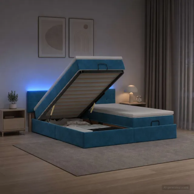 vidaXL Ottoman Bed met Matrassen en LED Donkerblauw 200 x 200 cm