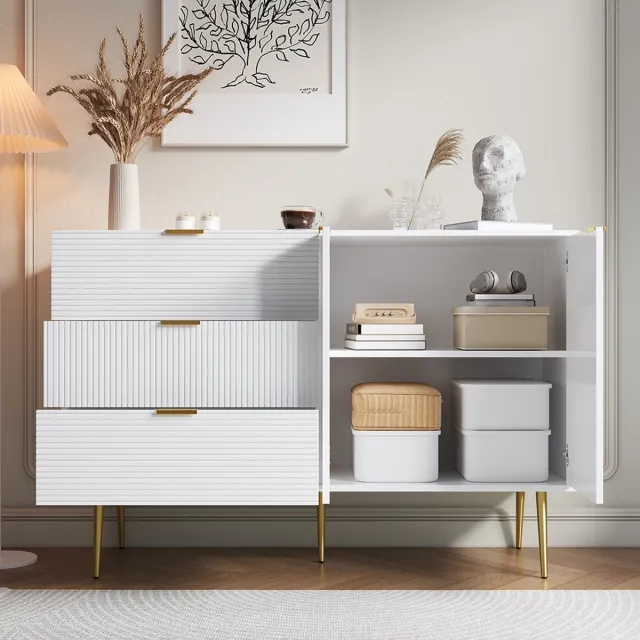 KOMHTOM Woonkamer buffet met deuren en lades binnenplanken commode met gouden handgrepen en poten modern wit Wit+Goud