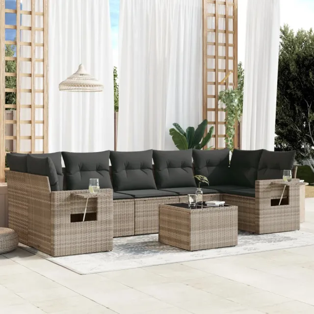 vidaXL 8-delige Loungeset met kussens poly rattan lichtgrijs grijs, foto 2