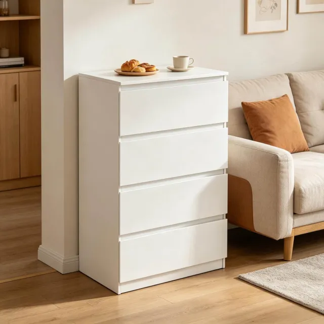 MODENUIT Ladekast - 4 Lades - Minimalistisch Voor Slaapkamer En Hal - Hout Met Melamine - Wit - 60x40x90 Cm