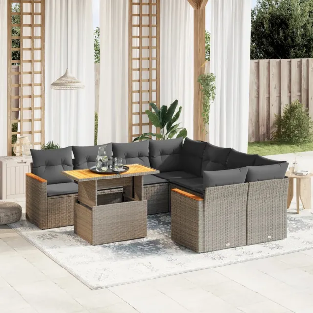 vidaXL 9-delige Loungeset met kussens poly rattan grijs, foto 2