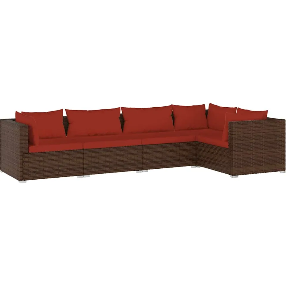 vidaXL 5-delige Loungeset met kussens poly rattan bruin, foto 3