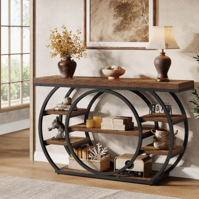 Little Trees LITTLE TREE Consoletafel Hout - Sidetable - 120 x 30 x 80 cm - 5‑Laags Industrieel Design - Metalen Frame - Smalle Banktafel - Bruin