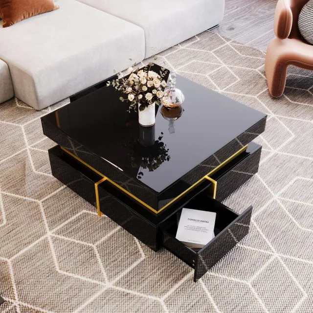 Merax Salontafel met 2 Lades – Zwart Hoogglans met Gouden Accenten – 70x70 cm