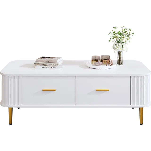 Clruro Salontafel - Modern - Laden en Gouden Poten - Gewelfde Zijden Luxe Design - MDF en Metaal - Wit