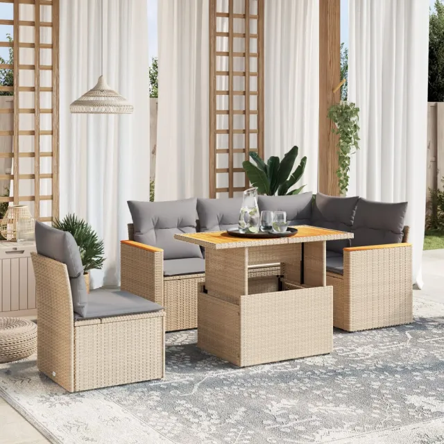 vidaXL 6-delige Loungeset met kussens poly rattan beige, foto 2