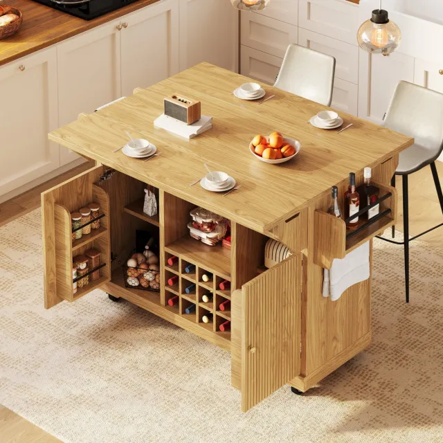 MODFU Keukenwagen Met Opklapbare Bladen - Wijnflessenhouder - MDF - Natuurlijk Hout