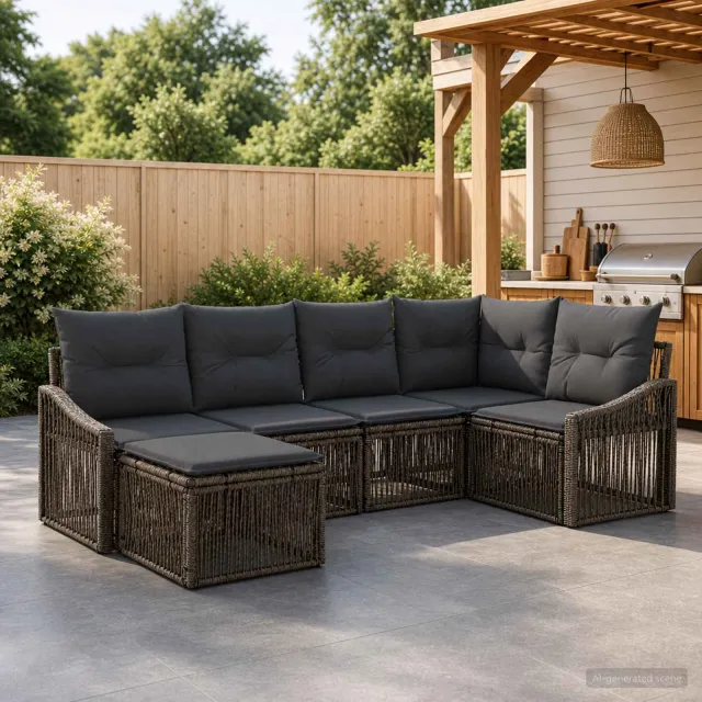 vidaXL Tuinbankenset 6 st 8-zits Grijs poly rattan, foto 2