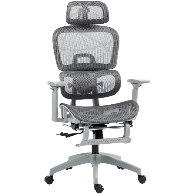 Homona Ergonomische bureaustoel - Met voetensteun en verstelbare hoofdsteun en lendensteun - Met 3D-armleuningen - In hoogte verstelbaar - 66 x 64 x 114-122 cm - Grijs