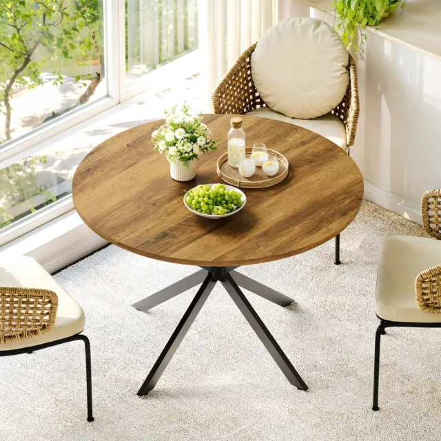 REDOM Ronde eettafel - Waterbestendig tafelblad - X-poot van staal - Verstelbare voetjes - Retrostijl - Spaanplaat - Bruin - Zwart - Ø 120 x 78 cm