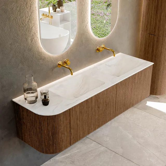 Mondiaz KURVE-DLUX 155 cm Onderkast Greeploos 2 Lades Met Deuren Walnut, Wastafel Solid Surface Rechts Ostra 0 Kraangaten Zonder Spiegel (KRVLEA155L2L1D0KD-Wal/Ost)