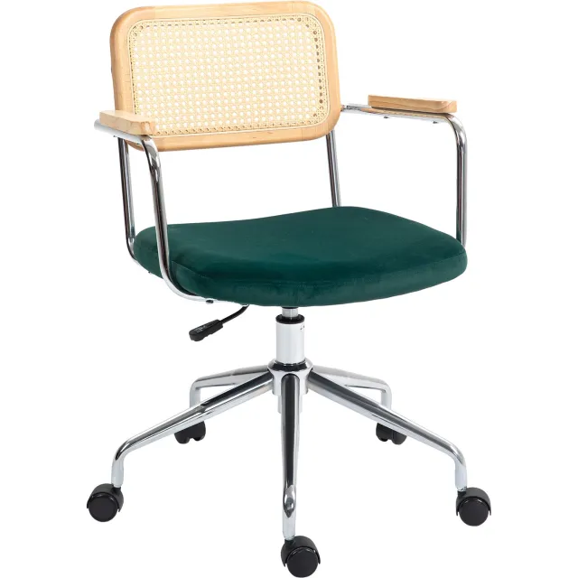 Homona Bureaustoel in boho-stijl - Met houten armleuningen en PE-rotan rugleuning - In hoogte verstelbaar - 65 x 58 x 86-94 cm - Groen