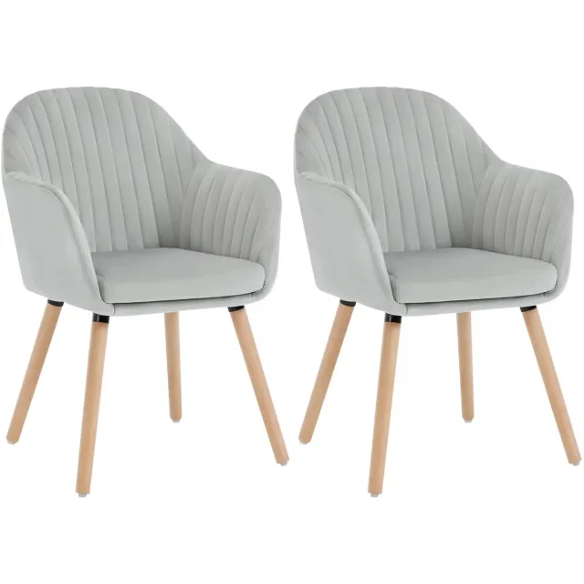 BukkitBow Set van 2 Eetkamerstoelen - Fluweel Met Armleuningen - Gestoffeerd & Houten Poten - Licht Grijs