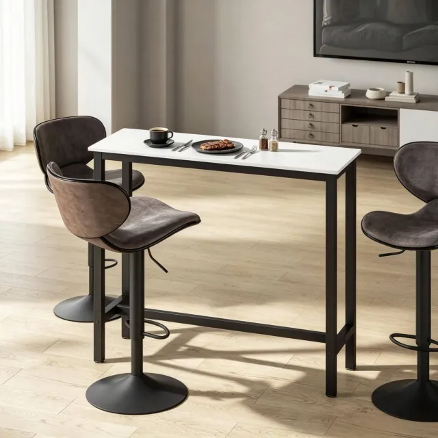 CHICFURN Bartafel 120 cm - hoge tafel - frame - keuken en kantoor - spaanplaat en staal - zwart en wit marmerlook