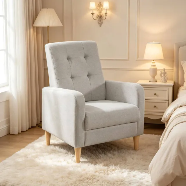 REDOM Fauteuil - Hoge rugleuning - Brede zitting en armleuningen - Linnen bekleding met schuimvulling - Houten poten - Lichtgrijs - 61 x 68 x 90.5 cm