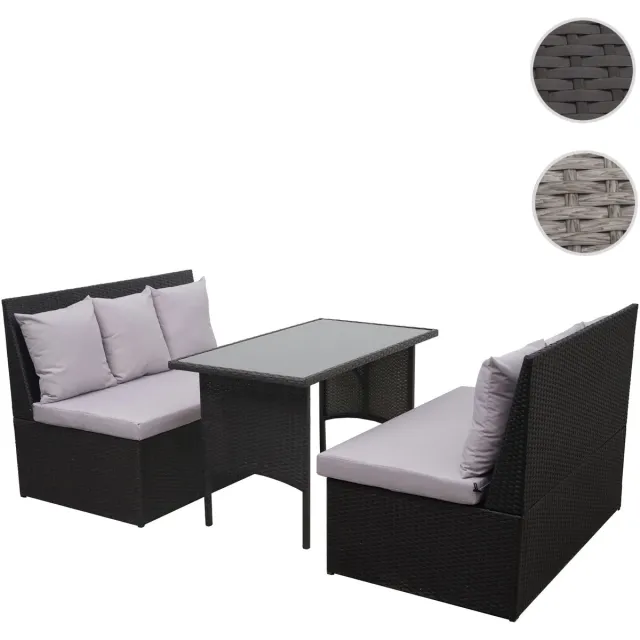MCW Polyrotan garnituur MCW-G16, tuin-/loungeset zitgroep, horeca 2x2-bank tafel ~ zwart, kussens lichtgrijs