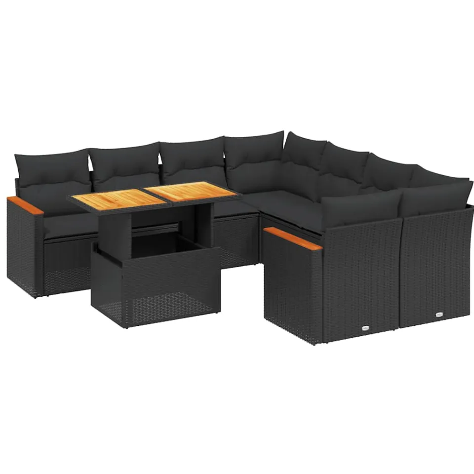 vidaXL 9-delige Loungeset met kussens poly rattan zwart, foto 3
