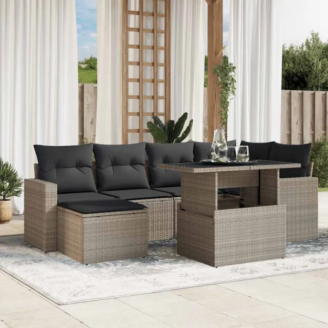 vidaXL 7-delige Loungeset met kussens poly rattan lichtgrijs grijs, foto 2
