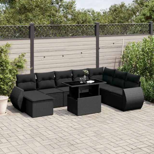 vidaXL 9-delige Loungeset met kussens poly rattan zwart, foto 2