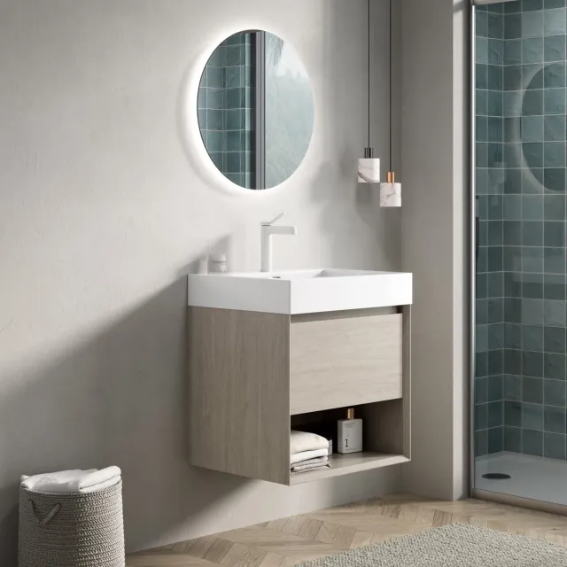 MIVRAY Badkamermeubel - Wandmodel Met Wastafel, Lade En Open Vak - Licht Eiken Wit - 55x46x60 Cm Licht eiken, wit