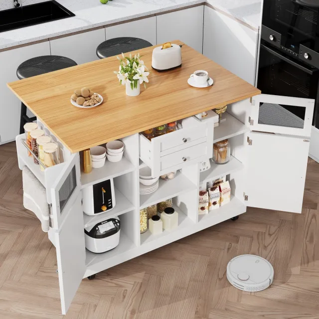 STILVORA Keukeneiland – Serveerwagen Met Uitklapbaar Werkblad, Lade En Verstelbare Planken – MDF – 140x40x93,5 Cm – Wit Met Wielen