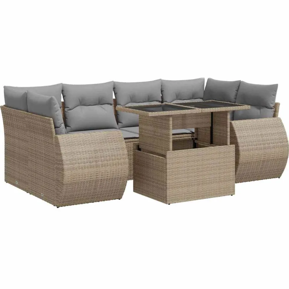vidaXL 7-delige Loungeset met kussens poly rattan beige, foto 3