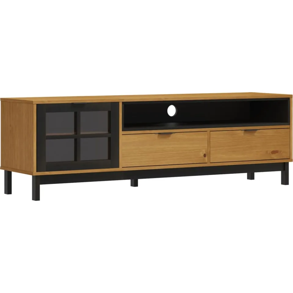 vidaXL TV-meubel met glazen deur FLAM 158x40x50 cm massief grenenhout bruin, foto 3