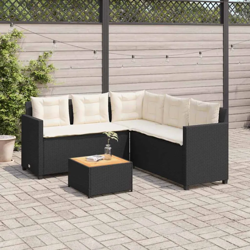 vidaXL Tuinbank met tafel en kussens L-vormig poly rattan zwart, foto 2