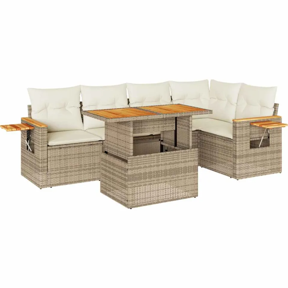 vidaXL 6-delige Loungeset met kussens poly rattan acacia beige, foto 3