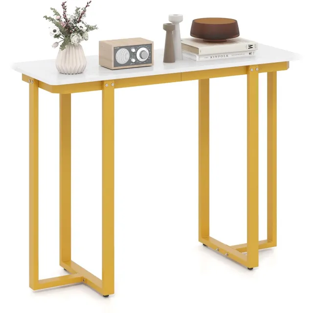 Costway Consoletafel smal, moderne entreetafel met marmerlook en metalen frame, banktafel voor woonkamer, hal, ingang, 107 x 40 x 79,5 cm (goud en wit)