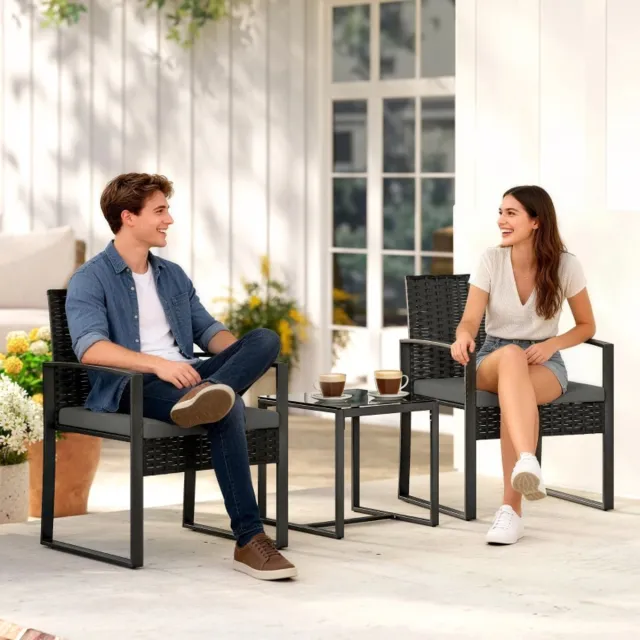MODFU 3-Delige Bistroset - 2 Fauteuils En Tafel - Voor Balkon Of Terras - Staal En Kunststof-Rattan - Donkergrijs