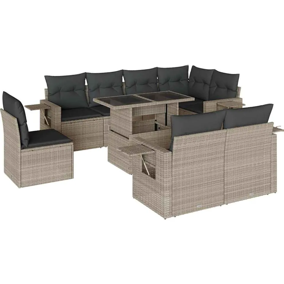 vidaXL 9-delige Loungeset met kussens poly rattan lichtgrijs grijs