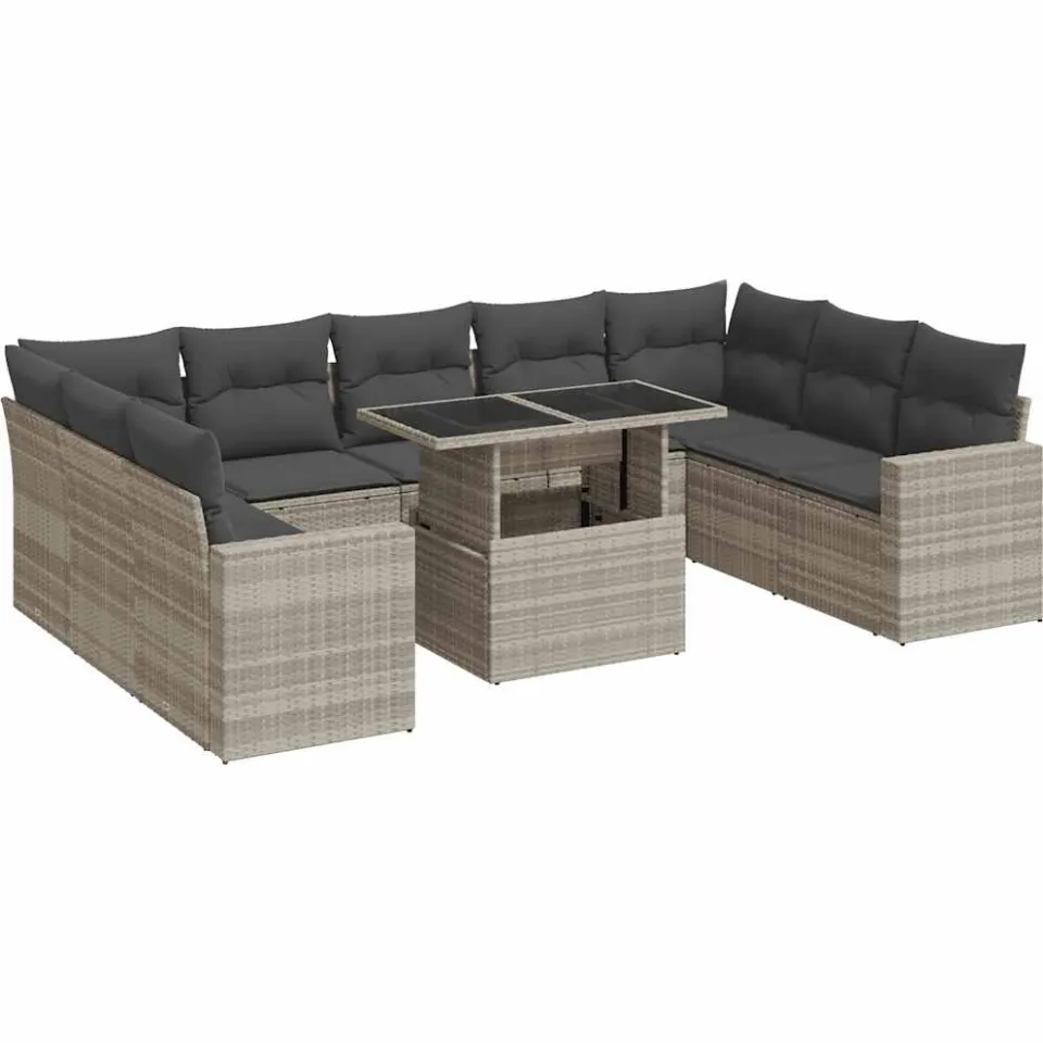 vidaXL 10-delige Loungeset met kussens poly rattan lichtgrijs grijs, foto 3