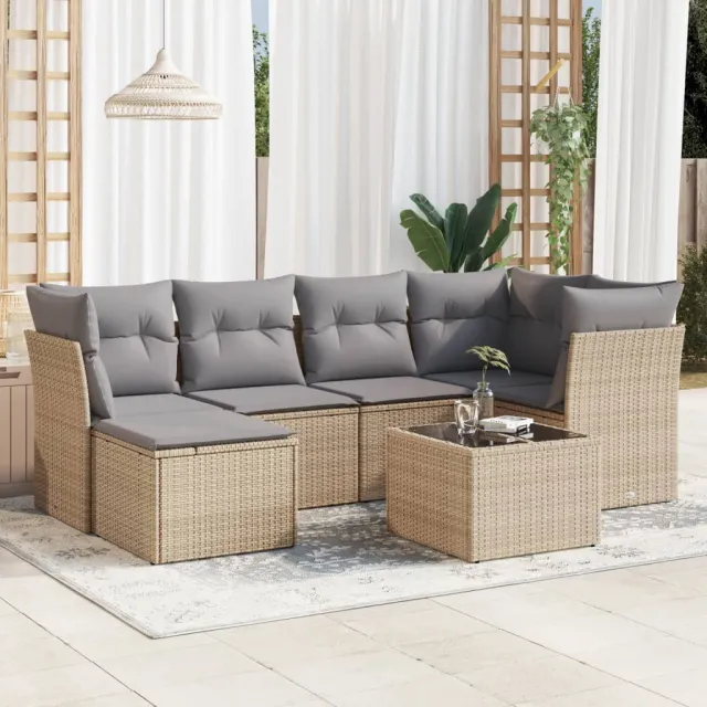 vidaXL 7-delige Loungeset met kussens poly rattan beige, foto 2